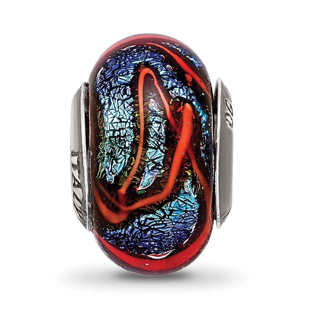Sterling Silver 925 Glass Bead with Blue and Orange Swirls Elegant Charm