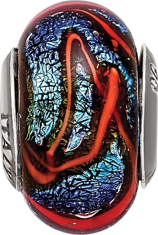 Sterling Silver 925 Glass Bead with Blue and Orange Swirls Elegant Charm