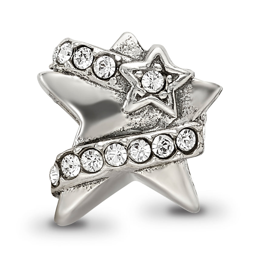 Sterling Silver 925 Star Bead with White Preciosa Crystal, Solid Cast Design