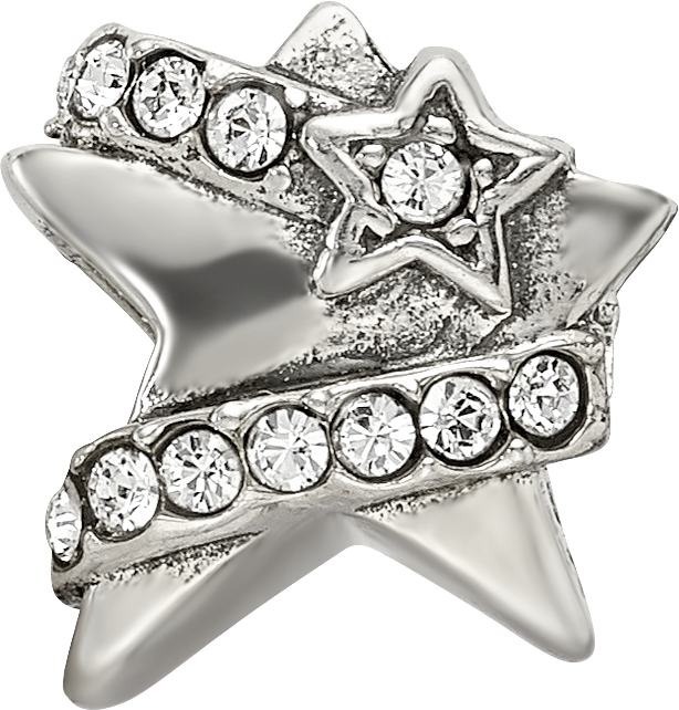 Sterling Silver 925 Star Bead with White Preciosa Crystal, Solid Cast Design