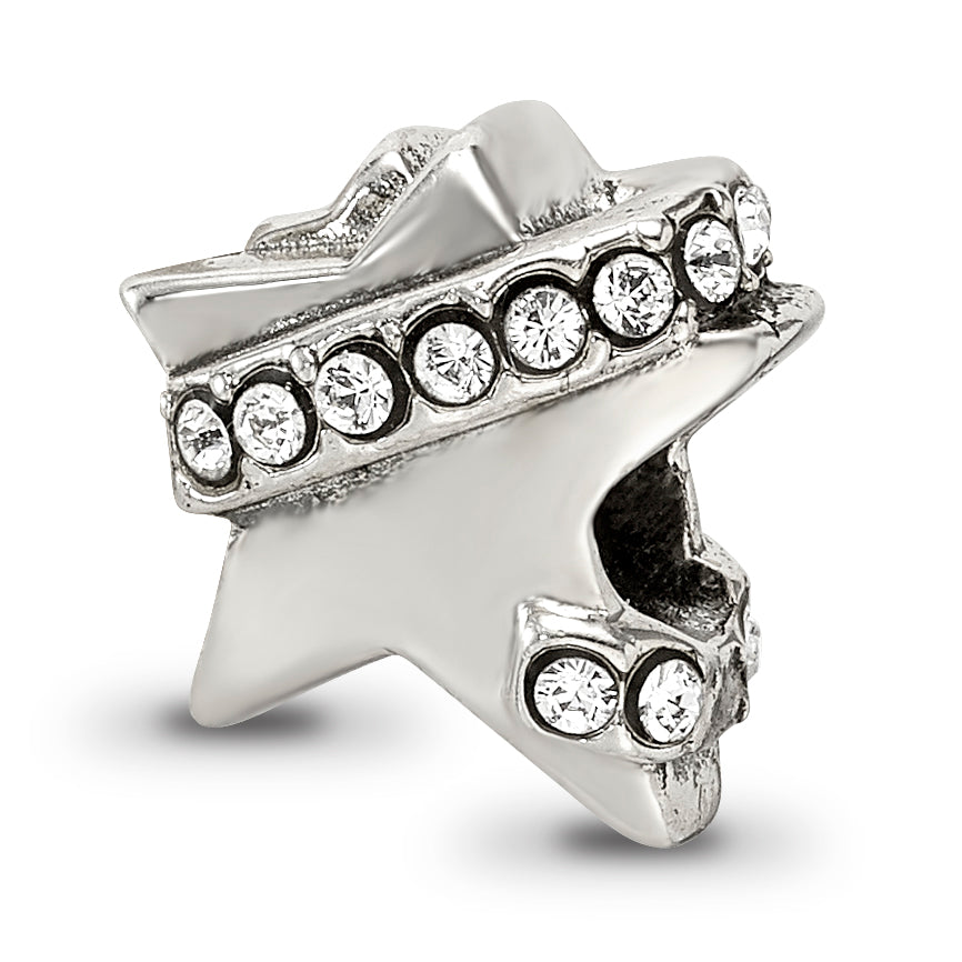 Sterling Silver 925 Star Bead with White Preciosa Crystal, Solid Cast Design