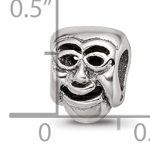 Sterling Silver 925 Comedy Mask Bead with Antiqued Finish Solid and Themed Design