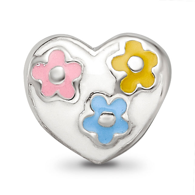 Sterling Silver 925 Kids Enameled Heart Bead with Flowers Gift Ready
