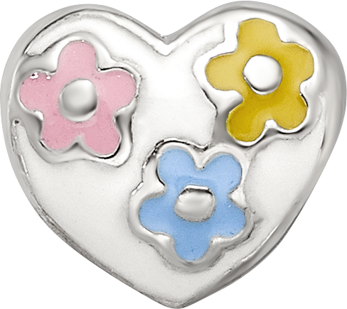 Sterling Silver 925 Kids Enameled Heart Bead with Flowers Gift Ready