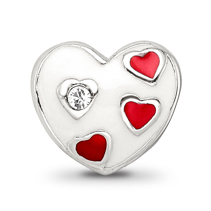 Kids Collection Sterling Silver Crystal and Enameled White Heart with Red Hearts Reflections Bead