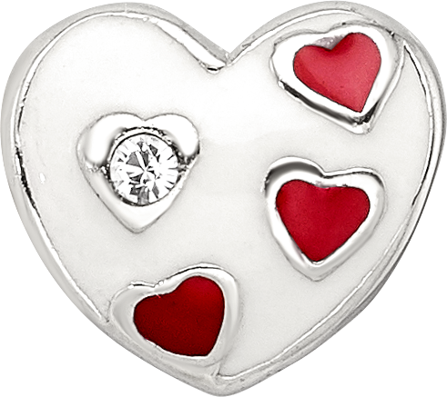 Kids Collection Sterling Silver Crystal and Enameled White Heart with Red Hearts Reflections Bead