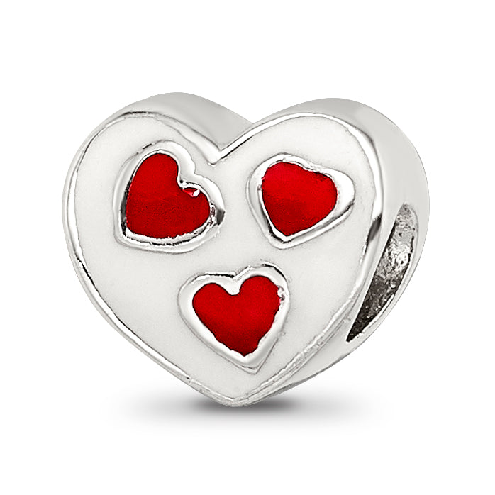 Kids Collection Sterling Silver Crystal and Enameled White Heart with Red Hearts Reflections Bead