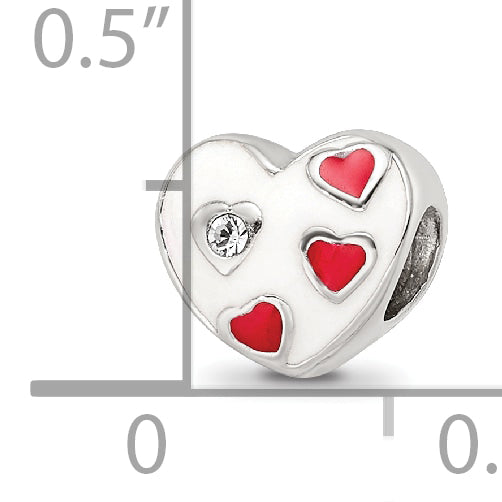 Kids Collection Sterling Silver Crystal and Enameled White Heart with Red Hearts Reflections Bead