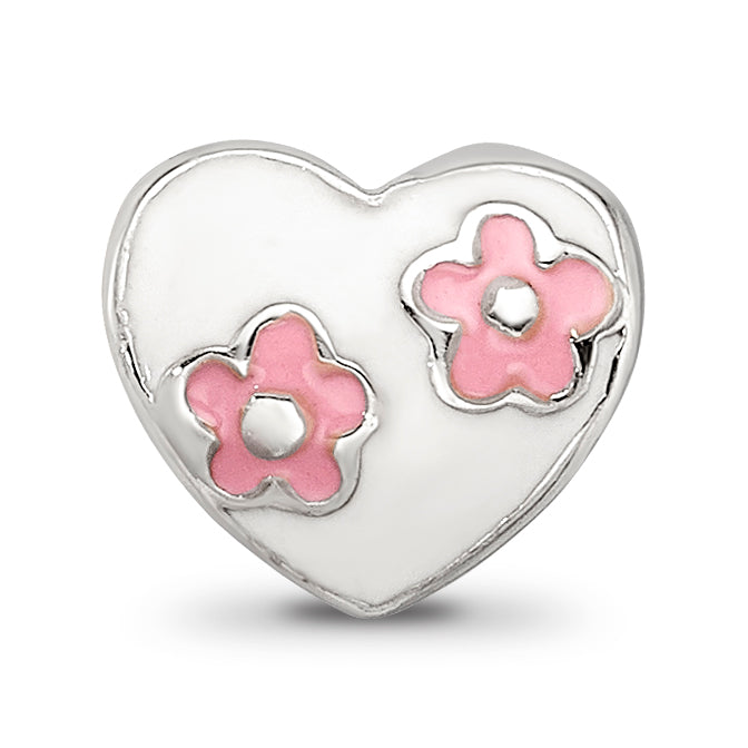 925 Sterling Silver Kids Bead with Pink Flowers and White Enameled Heart