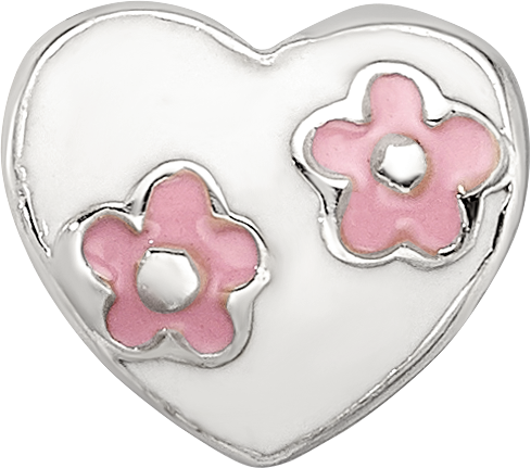 925 Sterling Silver Kids Bead with Pink Flowers and White Enameled Heart