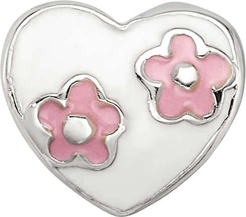 Kids Collection Sterling Silver Enameled White Heart with Pink Flowers Reflections Bead