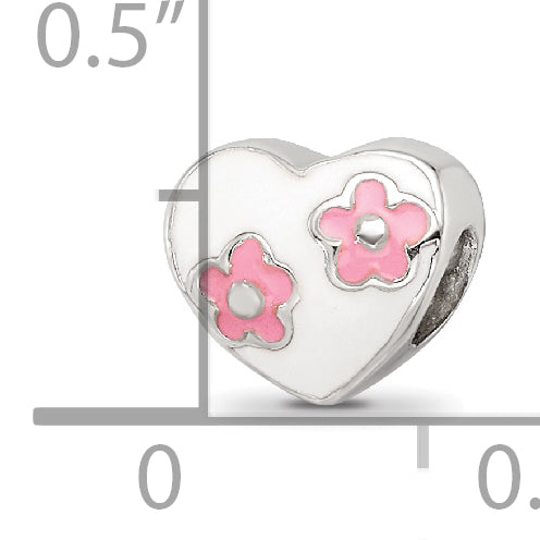 925 Sterling Silver Kids Bead with Pink Flowers and White Enameled Heart