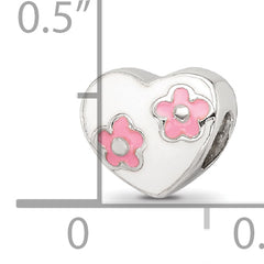 925 Sterling Silver Kids Bead with Pink Flowers and White Enameled Heart