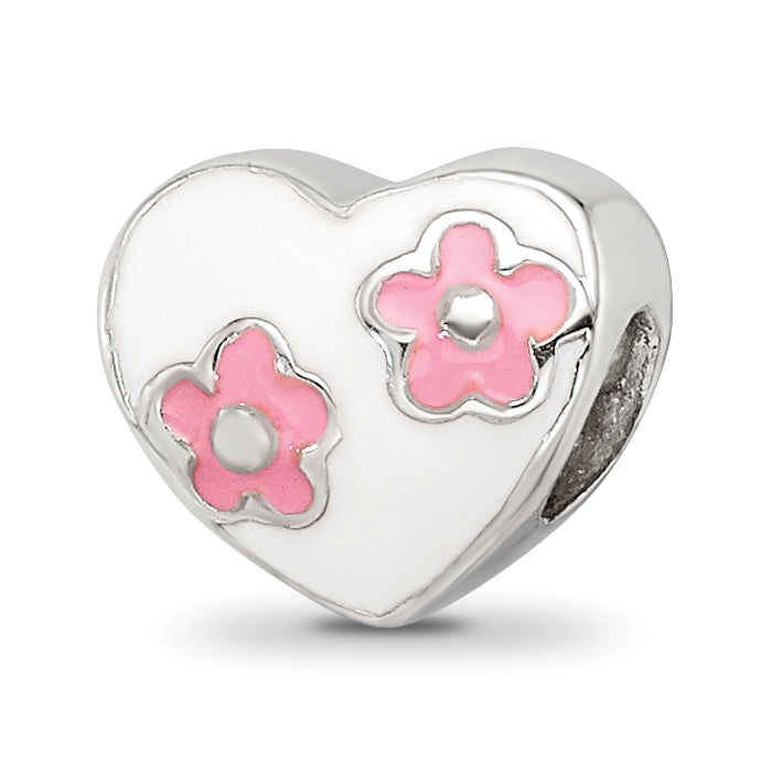 Kids Collection Sterling Silver Enameled White Heart with Pink Flowers Reflections Bead Main image