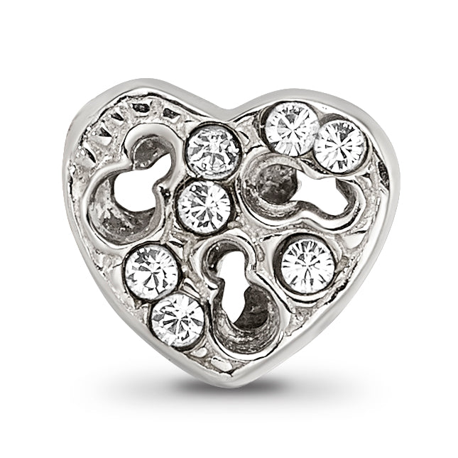 Sterling Silver Kids Cut-out Heart Bead with White Crystal Sparkle