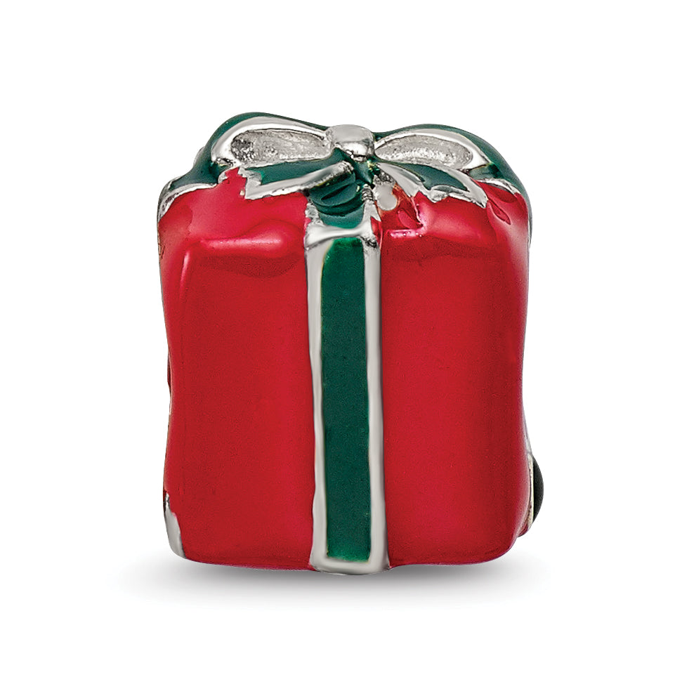 Sterling Silver 925 Enameled Present Bead with Red & Green Accents