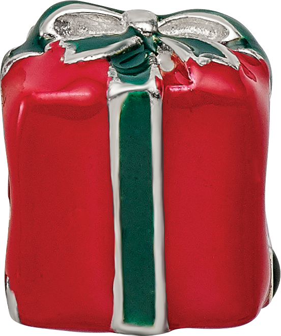 Sterling Silver 925 Enameled Present Bead with Red & Green Accents