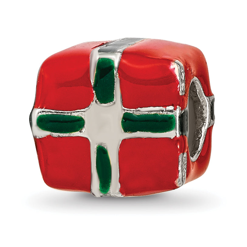 Sterling Silver 925 Enameled Present Bead with Red & Green Accents