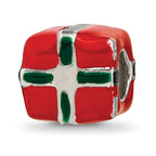 Sterling Silver 925 Enameled Present Bead with Red & Green Accents