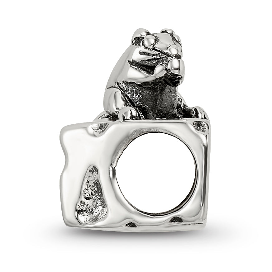 Sterling Silver 925 Mouse on Cheese Bead Charming Solid Design