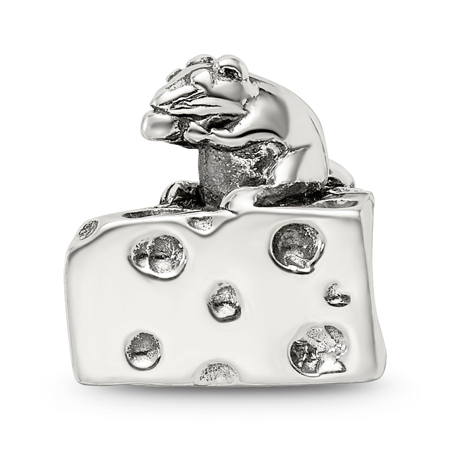 Sterling Silver 925 Mouse on Cheese Bead Charming Solid Design