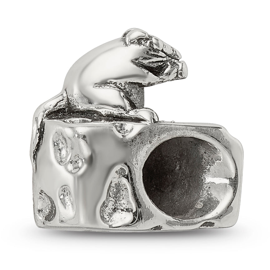 Sterling Silver 925 Mouse on Cheese Bead Charming Solid Design