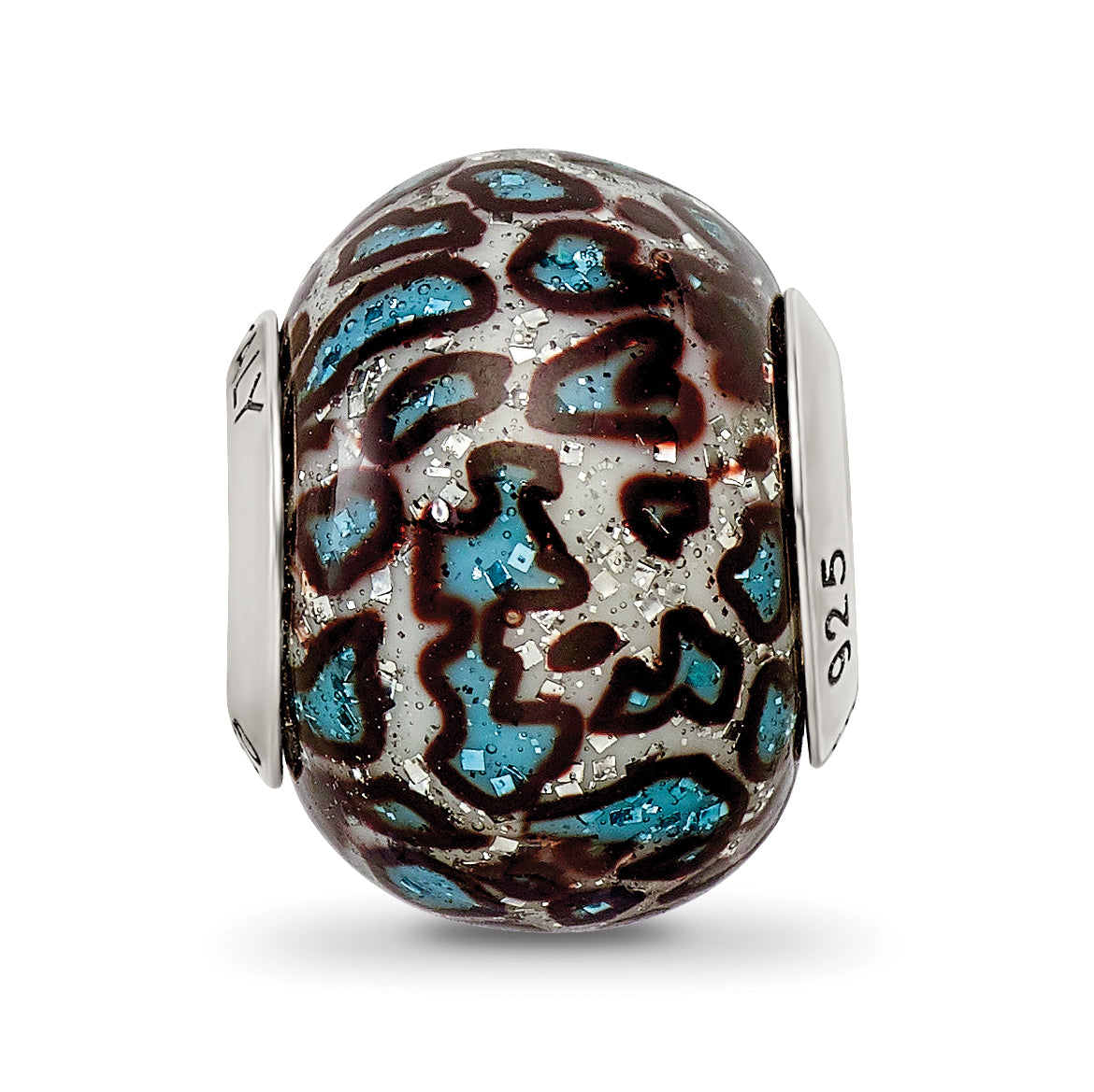 Sterling Silver Reflection Teal Print Overlay Italian Glass Bead