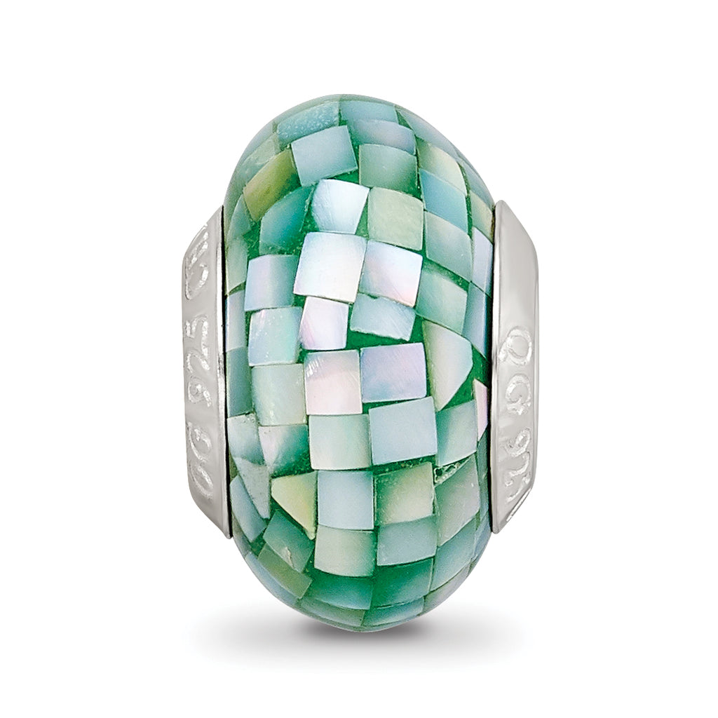 Sterling Silver 925 Green Mother of Pearl Mosaic Bead Elegant Natural Finish