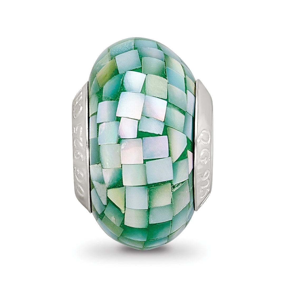 Sterling Silver 925 Green Mother of Pearl Mosaic Bead Elegant Natural Finish