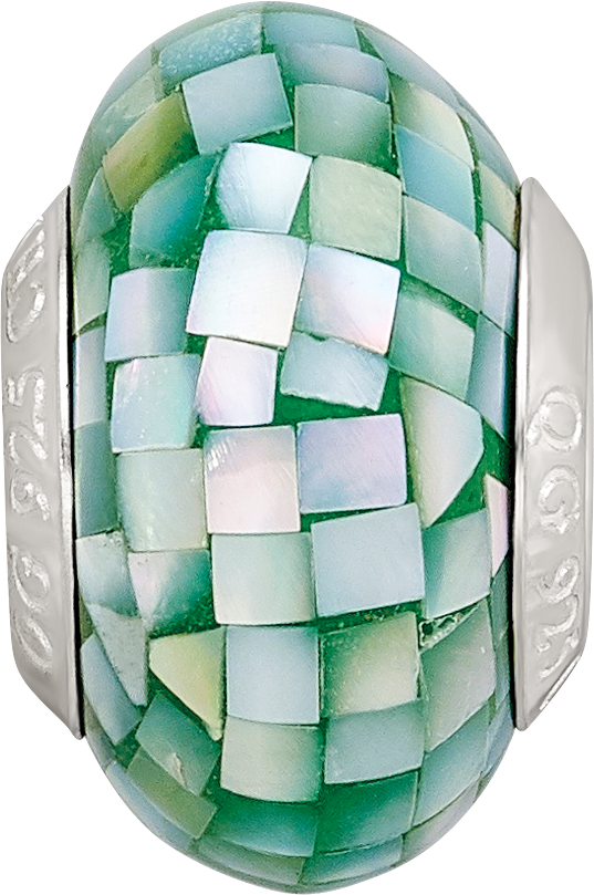 Sterling Silver 925 Green Mother of Pearl Mosaic Bead Elegant Natural Finish