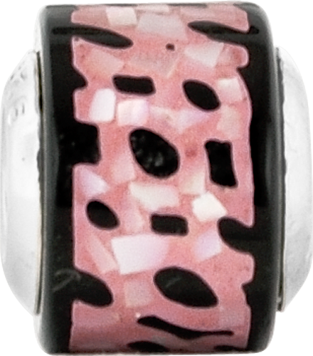 Sterling Silver 925 Mother of Pearl Mosaic Bead with Black and Pink Inlay
