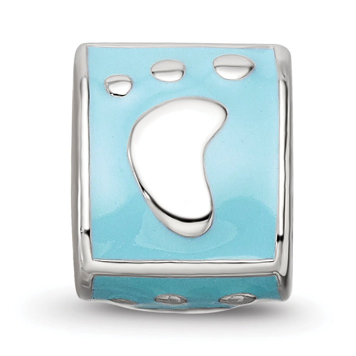 SS Reflections Rh-plated Blue Enamel 3-side Baby Footprint Bead