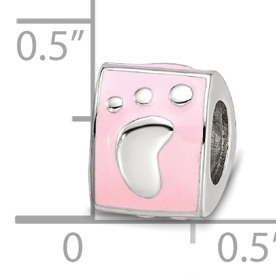 SS Reflections Rh-plated Pink Enamel 3-sided Baby Footprint Bead