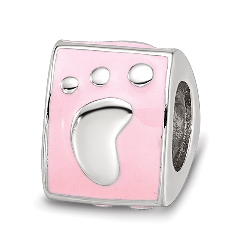 SS Reflections Rh-plated Pink Enamel 3-sided Baby Footprint Bead