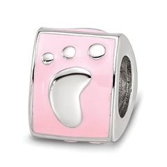 SS Reflections Rh-plated Pink Enamel 3-sided Baby Footprint Bead