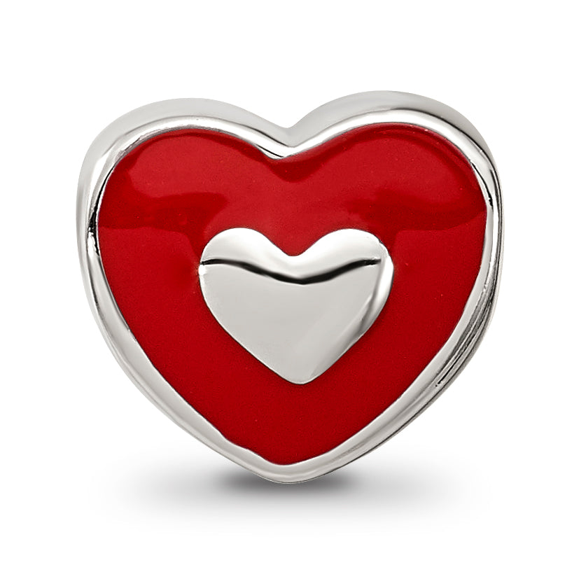 Sterling Silver Reflections Rh-plated Red Enamel LOVE & Heart Bead