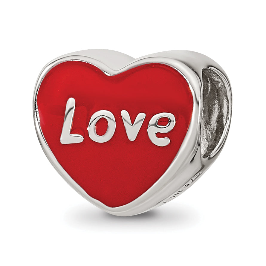 Sterling Silver Reflections Rh-plated Red Enamel LOVE & Heart Bead