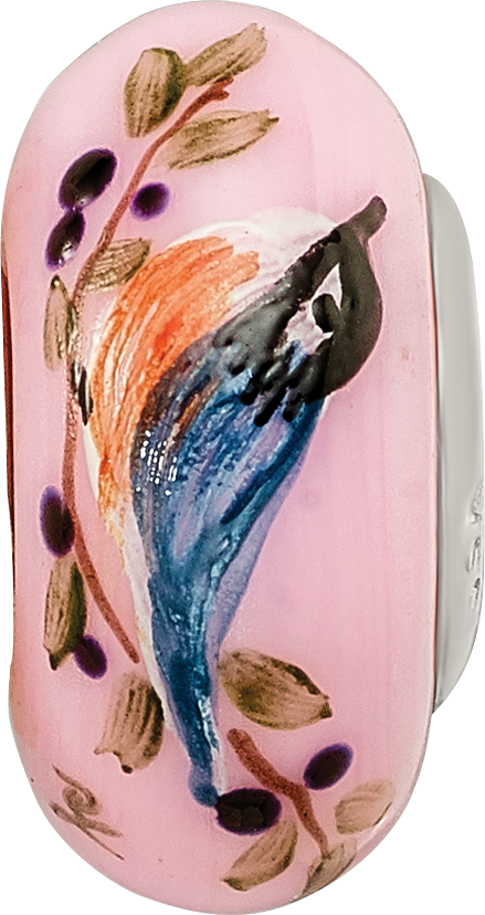 Ster.Silver Reflections Pink Hand Painted Nuthatch Fenton Glass Bead