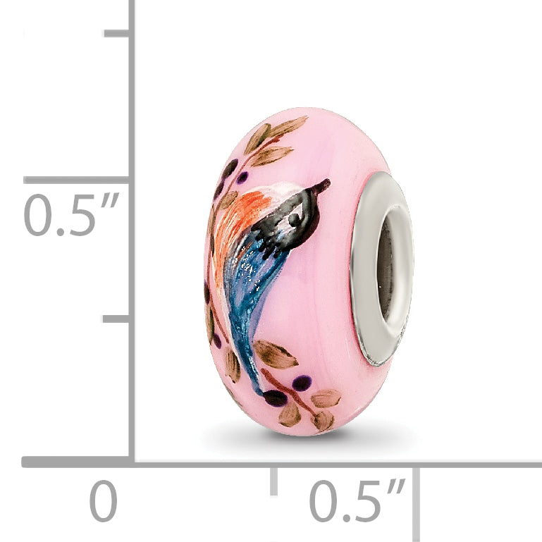 Ster.Silver Reflections Pink Hand Painted Nuthatch Fenton Glass Bead