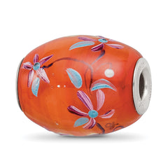 Ster.Silver Reflections Orange Hand Painted Floral Fenton Glass Bead