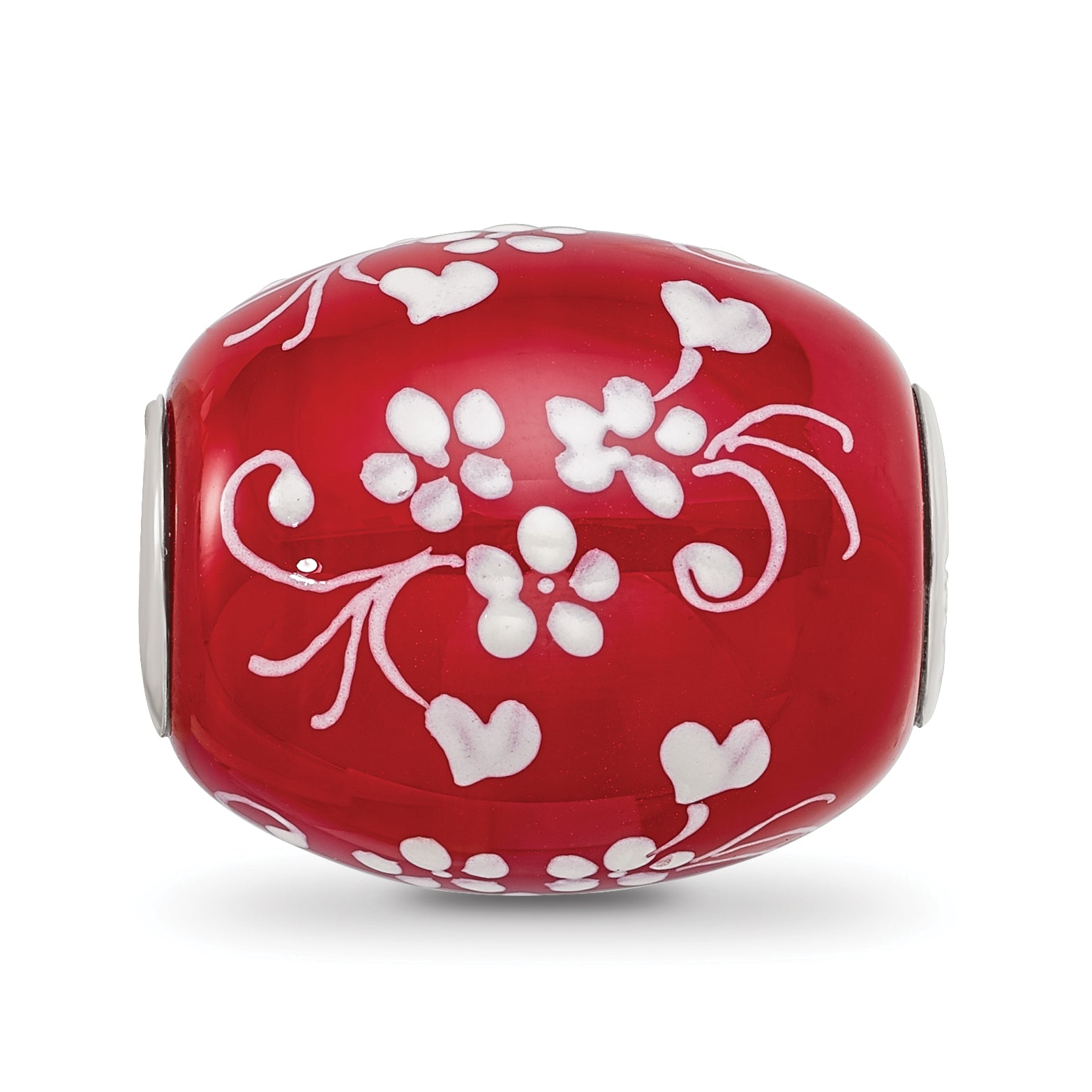 Ster.Silver Reflections Red Hand Painted Floral Hearts Fenton Glass Bead