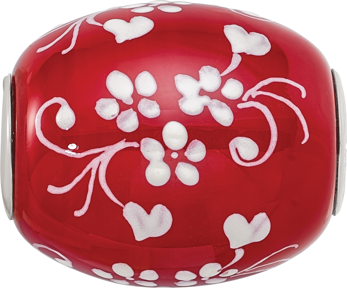 Ster.Silver Reflections Red Hand Painted Floral Hearts Fenton Glass Bead