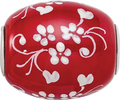 Ster.Silver Reflections Red Hand Painted Floral Hearts Fenton Glass Bead