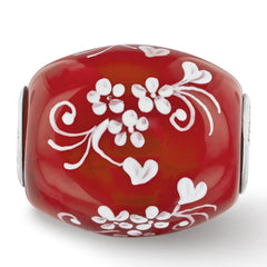 Ster.Silver Reflections Red Hand Painted Floral Hearts Fenton Glass Bead