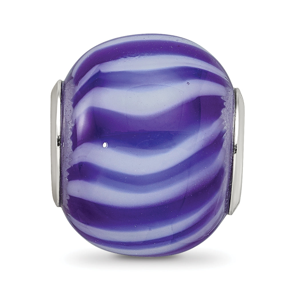 Sterling Silver Reflections Rhodium-plated Blue & White Striped Glass Bead