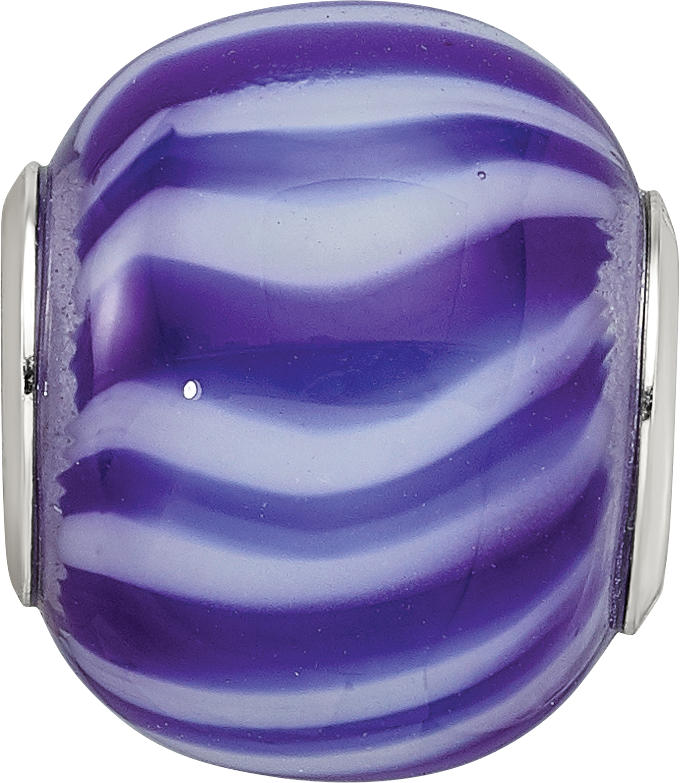 Sterling Silver Reflections Rhodium-plated Blue & White Striped Glass Bead