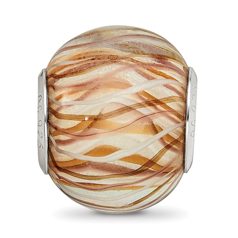 Sterling Silver Reflections Rh-plated Brown and White Striped Glass Bead