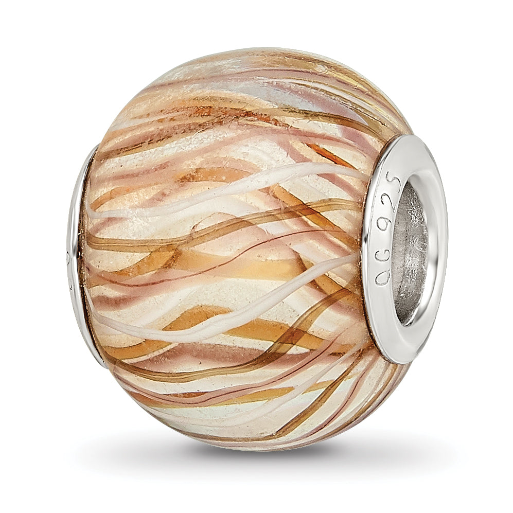 Sterling Silver Reflections Rh-plated Brown and White Striped Glass Bead