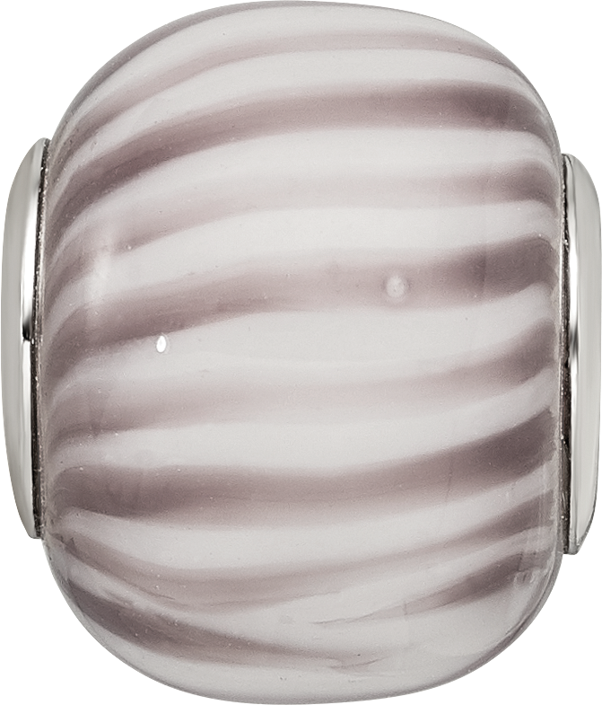 Sterling Silver Reflections Rh=plated Purple and White Striped Glass Bead