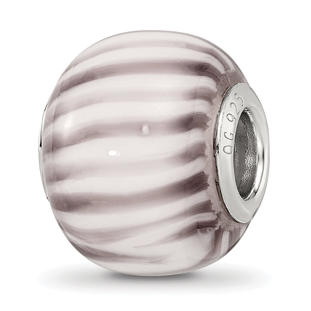 Sterling Silver Reflections Rh=plated Purple and White Striped Glass Bead